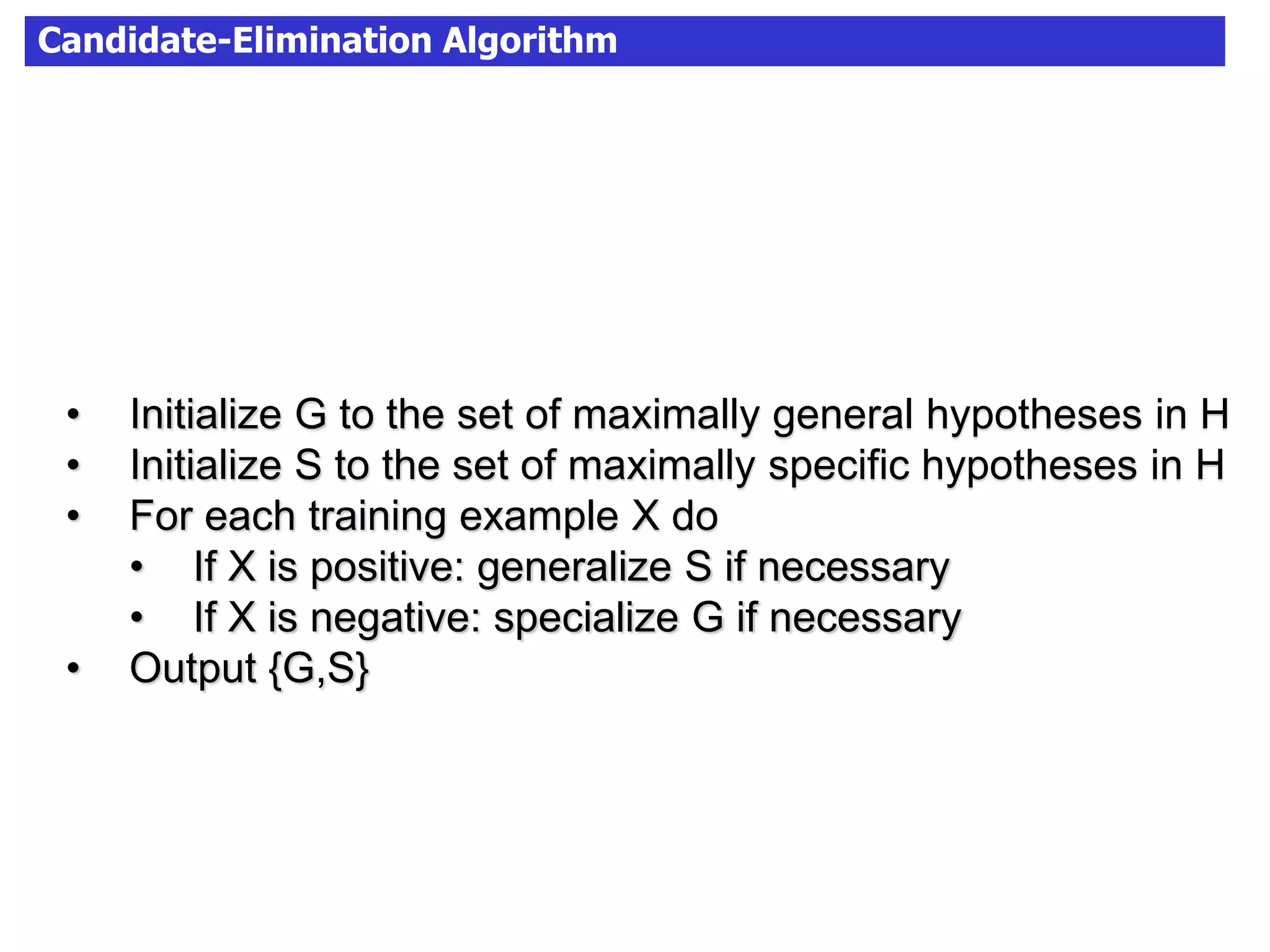 Candidate-Elimination Algorithm
• Initialize G to the set of maximally general hypotheses in H
• Initialize S to the set of maximally specific hypotheses in H
• For each training example X do
• If X is positive: generalize S if necessary
• If X is negative: specialize G if necessary
• Output {G,S}
 
