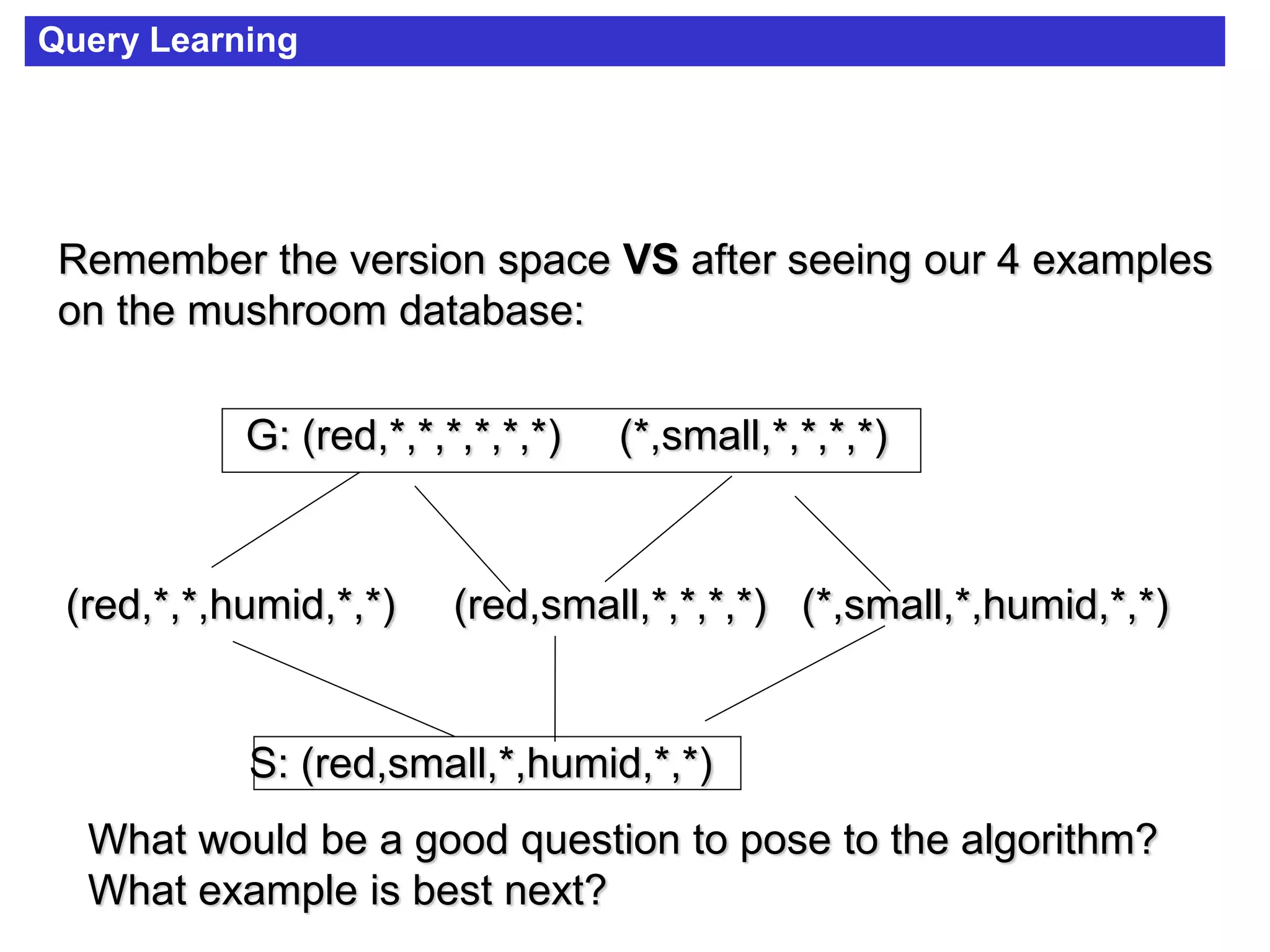 Query Learning
Remember the version space VS after seeing our 4 examples
on the mushroom database:
G: (red,*,*,*,*,*,*) (*,small,*,*,*,*)
S: (red,small,*,humid,*,*)
(red,*,*,humid,*,*) (red,small,*,*,*,*) (*,small,*,humid,*,*)
What would be a good question to pose to the algorithm?
What example is best next?
 