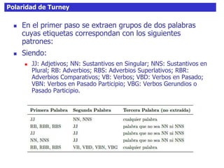 Polaridad de Turney
 En el primer paso se extraen grupos de dos palabras
cuyas etiquetas correspondan con los siguientes
patrones:
 Siendo:
 JJ: Adjetivos; NN: Sustantivos en Singular; NNS: Sustantivos en
Plural; RB: Adverbios; RBS: Adverbios Superlativos; RBR:
Adverbios Comparativos; VB: Verbos; VBD: Verbos en Pasado;
VBN: Verbos en Pasado Participio; VBG: Verbos Gerundios o
Pasado Participio.
 