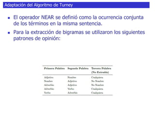 Adaptación del Algoritmo de Turney
 El operador NEAR se definió como la ocurrencia conjunta
de los términos en la misma sentencia.
 Para la extracción de bigramas se utilizaron los siguientes
patrones de opinión:
 