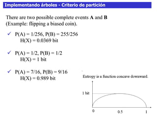 Implementando árboles - Criterio de partición
 P(A) = 1/256, P(B) = 255/256
H(X) = 0.0369 bit
 P(A) = 1/2, P(B) = 1/2
H(X) = 1 bit
 P(A) = 7/16, P(B) = 9/16
H(X) = 0.989 bit
There are two possible complete events A and B
(Example: flipping a biased coin).
 