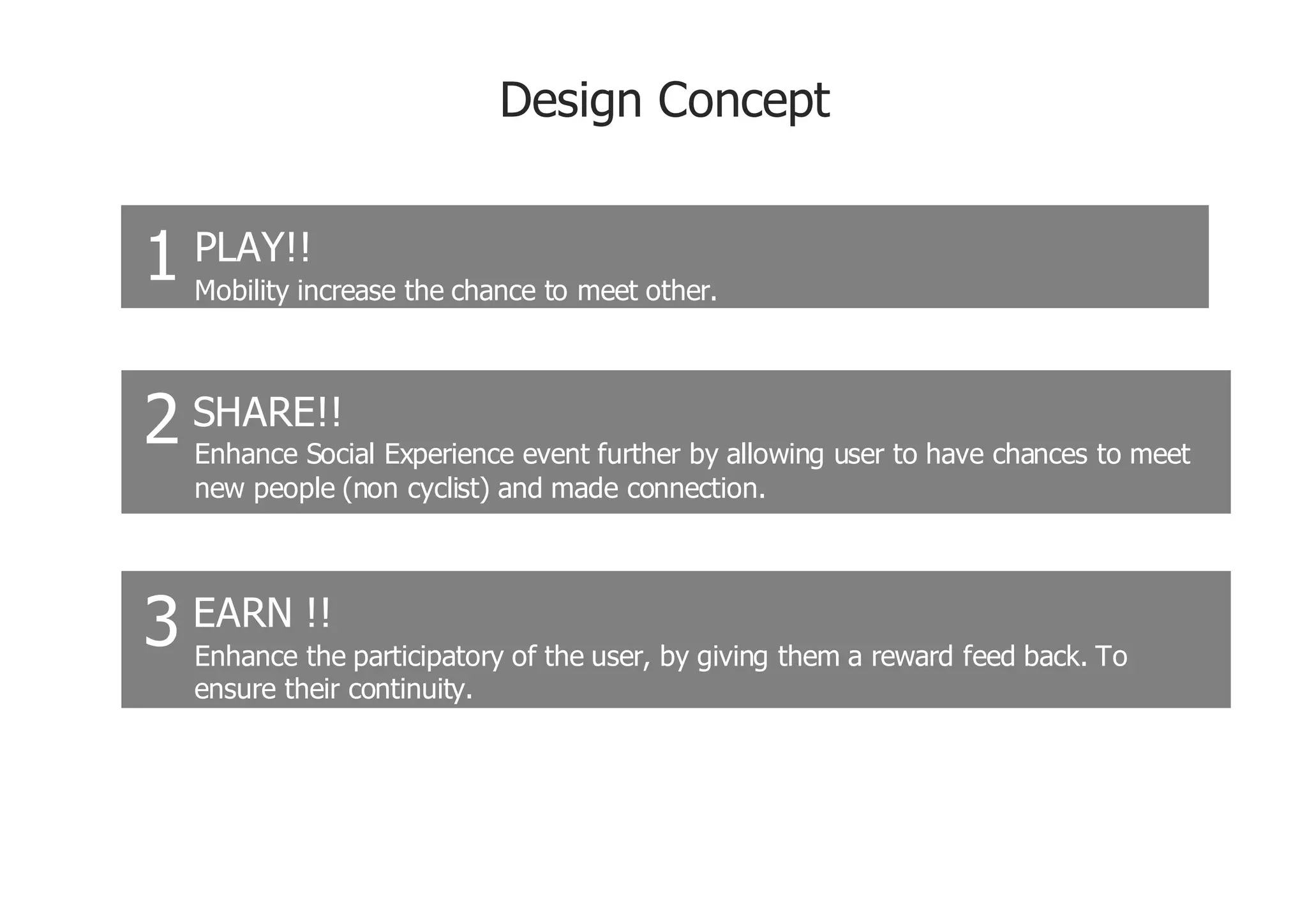 Design Concept


1 PLAY!! the chance to meet other.
  Mobility increase




2 SHARE!! Experience event further by allowing user to have chances to meet
  Enhance Social
   new people (non cyclist) and made connection.




3 EARN !! participatory of the user, by giving them a reward feed back. To
  Enhance the
   ensure their continuity.
 