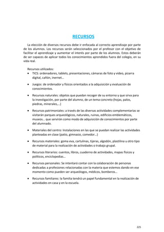 RECURSOS
La elección de diversos recursos debe ir enfocada al correcto aprendizaje por parte
de los alumnos. Los recursos serán seleccionados por el profesor con el objetivo de
facilitar el aprendizaje y aumentar el interés por parte de los alumnos. Estos deberán
de ser capaces de aplicar todos los conocimientos aprendidos fuera del colegio, en su
vida real.
Recursos utilizados:
• TICS: ordenadores, tablets, presentaciones, cámaras de foto y vídeo, pizarra
digital, cañón, inernet…
• Juegos: de ordenador y físicos orientados a la adquisición y evaluación de
conocimientos.
• Recursos naturales: objetos que puedan recoger de su entorno y que sirva para
la investigación, por parte del alumno, de un tema concreto (hojas, palos,
piedras, minerales,…)
• Recursos patrimoniales: a través de las diversas actividades complementarias se
visitarán parques arqueológicos, naturales, ruinas, edificios emblemáticos,
museos… que servirán como modo de adquisición de conocimientos por parte
del alumnado.
• Materiales del centro: Instalaciones en las que se puedan realizar las actividades
planteadas en clase (patio, gimnasio, comedor…)
• Recursos materiales: goma eva, cartulinas, tijeras, algodón, plastilina u otro tipo
de material para la realización de actividades o trabajo grupal.
• Recursos literarios: cuentos, libros, cuaderno de actividades, mapas físicos y
políticos, enciclopedias…
• Recursos personales: Se intentará contar con la colaboración de personas
dedicadas a profesiones relacionadas con la materia que estemos dando en ese
momento como pueden ser arqueólogos, médicos, bomberos…
• Recursos familiares: la familia tendrá un papel fundamental en la realización de
actividades en casa y en la escuela.
225
 