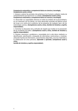Competencia matemática y competencia básica en ciencias y tecnología,
Competencia social y cívica).
l. Conocer y valorar los animales más próximos al ser humano y adoptar modos de
comportamiento que favorezcan su cuidado. (Competencia social y cívica,
Competencia matemática y competencia básica en ciencias y tecnología).
m. Desarrollar sus capacidades afectivas en todos los ámbitos de la personalidad y
en sus relaciones con los demás, así como desarrollar actitudes de defensa activa
de la paz y en contra de la violencia, de los prejuicios de cualquier tipo y de los
estereotipos sexistas. (Competencia social y cívica, Sentido de iniciativa y espíritu
emprendedor).
n. Fomentar la educación vial y actitudes de respeto que incidan en la prevención
de los accidentes de tráfico. (Competencia social y cívica, Sentido de iniciativa y
espíritu emprendedor).
ñ. Plantear soluciones a problemas y necesidades de la vida diaria mediante su
identificación, planificación y búsqueda de alternativas constructivas y creativas,
utilizando fuentes de información, conocimientos adquiridos, recursos materiales y
la colaboración de otras personas. (Aprender a aprender, Competencia social y
cívica,
Sentido de iniciativa y espíritu emprendedor).
5
 