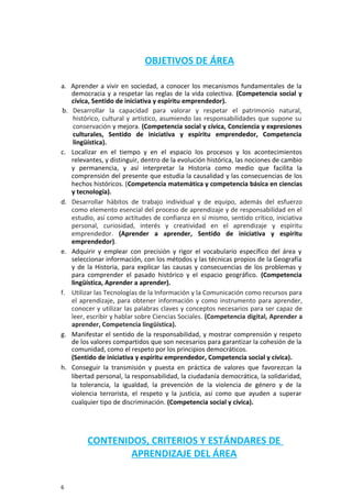 OBJETIVOS DE ÁREA
a. Aprender a vivir en sociedad, a conocer los mecanismos fundamentales de la
democracia y a respetar las reglas de la vida colectiva. (Competencia social y
cívica, Sentido de iniciativa y espíritu emprendedor).
b. Desarrollar la capacidad para valorar y respetar el patrimonio natural,
histórico, cultural y artístico, asumiendo las responsabilidades que supone su
conservación y mejora. (Competencia social y cívica, Conciencia y expresiones
culturales, Sentido de iniciativa y espíritu emprendedor, Competencia
lingüística).
c. Localizar en el tiempo y en el espacio los procesos y los acontecimientos
relevantes, y distinguir, dentro de la evolución histórica, las nociones de cambio
y permanencia, y así interpretar la Historia como medio que facilita la
comprensión del presente que estudia la causalidad y las consecuencias de los
hechos históricos. (Competencia matemática y competencia básica en ciencias
y tecnología).
d. Desarrollar hábitos de trabajo individual y de equipo, además del esfuerzo
como elemento esencial del proceso de aprendizaje y de responsabilidad en el
estudio, así como actitudes de confianza en sí mismo, sentido crítico, iniciativa
personal, curiosidad, interés y creatividad en el aprendizaje y espíritu
emprendedor. (Aprender a aprender, Sentido de iniciativa y espíritu
emprendedor).
e. Adquirir y emplear con precisión y rigor el vocabulario específico del área y
seleccionar información, con los métodos y las técnicas propios de la Geografía
y de la Historia, para explicar las causas y consecuencias de los problemas y
para comprender el pasado histórico y el espacio geográfico. (Competencia
lingüística, Aprender a aprender).
f. Utilizar las Tecnologías de la Información y la Comunicación como recursos para
el aprendizaje, para obtener información y como instrumento para aprender,
conocer y utilizar las palabras claves y conceptos necesarios para ser capaz de
leer, escribir y hablar sobre Ciencias Sociales. (Competencia digital, Aprender a
aprender, Competencia lingüística).
g. Manifestar el sentido de la responsabilidad, y mostrar comprensión y respeto
de los valores compartidos que son necesarios para garantizar la cohesión de la
comunidad, como el respeto por los principios democráticos.
(Sentido de iniciativa y espíritu emprendedor, Competencia social y cívica).
h. Conseguir la transmisión y puesta en práctica de valores que favorezcan la
libertad personal, la responsabilidad, la ciudadanía democrática, la solidaridad,
la tolerancia, la igualdad, la prevención de la violencia de género y de la
violencia terrorista, el respeto y la justicia, así como que ayuden a superar
cualquier tipo de discriminación. (Competencia social y cívica).
CONTENIDOS, CRITERIOS Y ESTÁNDARES DE
APRENDIZAJE DEL ÁREA
6
 