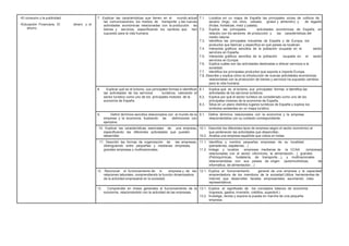 •El consumo y la publicidad. 7. Explicar las características que tienen en el mundo actual 7.1. Localiza en un mapa de España las principales zonas de cultivos de
•Educación Financiera. El dinero y el
las comunicaciones, los medios de transporte y las nuevas secano (trigo, vid, olivo, cebada, girasol y almendro) y de regadío
actividades económicas relacionadas con la producción de (frutas, hortalizas, maíz y patata).
ahorro. bienes y servicios, especificando los cambios que han 7.2. Explica las principales actividades económicas de España, en
supuesto para la vida humana. relación con los sectores de producción y las características del
medio natural.
7.3. Identifica las principales industrias de España y de Europa, los
productos que fabrican y específica en qué países se localizan.
7.4. Interpreta gráficos sencillos de la población ocupada en el sector
servicios en España.
7.5. Interpreta gráficos sencillos de la población ocupada en el sector
servicios en Europa.
7.6. Explica cuáles son las actividades destinadas a ofrecer servicios a la
sociedad.
7.7. Identifica los principales productos que exporta e importa Europa.
7.8. Describe y explica cómo la introducción de nuevas actividades económicas
relacionadas con la producción de bienes y servicios ha supuesto cambios
para la vida humana.
8. Explicar qué es el turismo, sus principales formas e identificar 8.1. Explica qué es el turismo, sus principales formas e identifica las
las actividades de los servicios turísticos, valorando el actividades de los servicios turísticos.
sector turístico como uno de los principales motores de la 8.2. Explica por qué el sector turístico es considerado como uno de los
economía de España. principales motores de la economía de España.
8.3. Sitúa en un plano distintos lugares turísticos de España y explica los
símbolos existentes en un mapa turístico.
9. Definir términos sencillos relacionados con el mundo de la 9.1. Define términos relacionados con la economía y la empresa
empresa y la economía, ilustrando las definiciones con relacionándolos con su contexto correspondiente.
ejemplos.
10. Explicar las características esenciales de una empresa, 10.1. Describe los diferentes tipos de empresa según el sector económico al
especificando las diferentes actividades que pueden que pertenecen las actividades que desarrollan.
desarrollar. 10.2. Analiza una empresa española que cotiza en bolsa.
11. Describir las formas de organización de las empresas, 11.1. Identifica y nombra pequeñas empresas de su localidad
distinguiendo entre pequeñas y medianas empresas, (panaderías, zapaterías…)
grandes empresas y multinacionales. 11.2. Indaga y localiza empresas medianas de la CCAA (empresas
relacionadas con el sector vitivinícola, la alimentación…), grandes
(Petroquímicas, hostelería, de transporte…), y multinacionales
relacionándolas con sus países de origen (automovilísticas, de
informática, de alimentación…)
12. Reconocer el funcionamiento de la empresa y de las 12.1. Explica el funcionamiento general de una empresa y la capacidad
relaciones laborales, comprendiendo la función dinamizadora emprendedora de los miembros de la sociedad.Utiliza herramientas de
de la actividad empresarial en la sociedad. Internet que desarrollan facetas empresariales asumiendo roles
representativos.
13. Comprender en líneas generales el funcionamiento de la 13.1. Explica el significado de los conceptos básicos de economía
economía, relacionándolo con la actividad de las empresas. (ingresos, gastos, inversión, créditos, superávit.)
13.2. Investiga, recrea y expone la puesta en marcha de una pequeña
empresa.
 