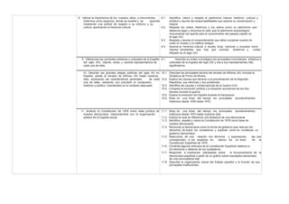 8. Valorar la importancia de los museos, sitios y monumentos 8.1. Identifica, valora y respeta el patrimonio natural, histórico, cultural y
históricos como espacios donde se enseña y se aprende artístico y asume las responsabilidades que supone su conservación y
mostrando una actitud de respeto a su entorno y su mejora.
cultura, apreciando la herencia cultural. 8.2. Respeta los restos históricos y los valora como un patrimonio que
debemos legar y reconoce el valor que el patrimonio arqueológico
monumental nos aporta para el conocimiento del pasado.(repetir en
el siglo XX)
8.3. Respeta y asume el comportamiento que debe cumplirse cuando se
visita un museo o un edificio antiguo.
8.4. Aprecia la herencia cultural a escala local, nacional y europea como
riqueza compartida que hay que conocer, preservar y cuidar.
(Repetir en el siglo XX).
9. Diferenciar las corrientes artísticas y culturales de la España 9.1. Describe en orden cronológico los principales movimientos artísticos y
del siglo XIX, citando obras y autores representativos de culturales de la España del siglo XIX y cita a sus representantes más
cada una de ellas. significativos.
10. Describir las grandes etapas políticas del siglo XX en 10.1. Describe los principales hechos del reinado de Alfonso XIII, incluida la
España, desde el reinado de Alfonso XIII hasta nuestros Dictadura de Primo de Rivera.
días, explicando las características generales de cada 10.2. Explica las causas que llevaron a la proclamación de la Segunda
una de ellas, utilizando con precisión el vocabulario República, sus reformas y sus problemas.
histórico y político, insertándolo en el contexto adecuado 10.3. Identifica las causas y consecuencias de la Guerra Civil.
10.4. Compara la evolución política y la situación económica de los dos
bandos durante la guerra.
10.5. Explica la evolución de España durante el franquismo.
10.6. Sitúa en una línea del tiempo los principales acontecimientos
históricos desde 1939 hasta 1975.
11. Analizar la Constitución de 1978 como base jurídica de 11.1. Sitúa en una línea del tiempo los principales acontecimientos
nuestra democracia, relacionándola con la organización históricos desde 1975 hasta nuestros días.
política de la España actual. 11.2. Explica en qué se diferencia una dictadura de una democracia.
11.3. Identifica, respeta y valora la Constitución de 1978 como base de
nuestra democracia.
11.4. Reconoce la democracia como la forma de gobierno que vela por los
derechos de todos los ciudadanos y explican cómo se constituye un
gobierno democrático.
11.5. Selecciona, de una relación con términos y expresiones, las que
corresponden a los espacios en blanco de un texto de la
Constitución Española de 1978.
11.6. Comenta algunos artículos de la Constitución Española relativos a
los derechos y deberes de los ciudadanos.
11.7. Responde a cuestiones planteadas sobre el funcionamiento de la
democracia española a partir de un gráfico sobre resultados electorales
de una convocatoria real.
11.8. Describe la organización actual del Estado español y la función de sus
principales instituciones.
 