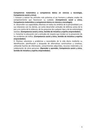 4
Competencia matemática y competencia básica en ciencias y tecnología,
Competencia social y cívica).
l. Conocer y valorar los animales más próximos al ser humano y adoptar modos de
comportamiento que favorezcan su cuidado. (Competencia social y cívica,
Competencia matemática y competencia básica en ciencias y tecnología).
m. Desarrollar sus capacidades afectivas en todos los ámbitos de la personalidad y en
sus relaciones con los demás, así como desarrollar actitudes de defensa activa de la
paz y en contra de la violencia, de los prejuicios de cualquier tipo y de los estereotipos
sexistas. (Competencia social y cívica, Sentido de iniciativa y espíritu emprendedor).
n. Fomentar la educación vial y actitudes de respeto que incidan en la prevención de
los accidentes de tráfico. (Competencia social y cívica, Sentido de iniciativa y espíritu
emprendedor).
ñ. Plantear soluciones a problemas y necesidades de la vida diaria mediante su
identificación, planificación y búsqueda de alternativas constructivas y creativas,
utilizando fuentes de información, conocimientos adquiridos, recursos materiales y la
colaboración de otras personas. (Aprender a aprender, Competencia social y cívica,
Sentido de iniciativa y espíritu emprendedor).
 