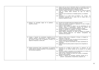 61
12.4. Explica cómo han sido el crecimiento natural y el crecimiento real de la
población española desde comienzos del siglo XX hasta nuestros días.
12.5. Describe qué características tiene la natalidad en España.
12.6. Interpreta y explica una grafica con la evolución del número de hijos por
mujer en España desde principios del siglo XX hasta la
actualidad.
12.7. Explica por qué ha disminuido la mortalidad general y la mortalidad
infantil.
12.8. Representa en un mapa mudo de España y de Europa, los
movimientos producidos por el éxodo rural en nuestro país y la
emigración española a Europa.
13. Distinguir los principales rasgos de la población
española y europea.
13.1. Describe los principales rasgos de la población europea.
13.2. Explica qué evolución ha seguido la esperanza de vida en España y
Europa a lo largo del siglo XX.
13.3. Explica la baja natalidad en relación con las características de una
sociedad urbana e industrializada. Describe los factores que
condicionan la distribución de la población española y europea.
13.4. Describe la densidad de población de España comparándola,
mediante gráficos, con la media de la Unión Europea.
13.5. Realiza gráficos comparativos con datos de población de España y
Europa y describe cuáles son los factores demográficos del
crecimiento de la población.
14. Analizar y Describir los movimientos migratorios de la
población española, confeccionando un mapa conceptual
que incluya el éxodo rural, la emigración a Europa, y la
llegada de emigrantes a nuestro país.
14.1. Explica el éxodo rural, la emigración a Europa y la llegada de
emigrantes a nuestro país.
14.2. Localiza en un mapa del mundo, los países de los que provienen los
mayores colectivos de emigrantes a España.
14.3. Localiza en un mapa las comunidades con mayor concentración de
inmigrantes.
14.4. Explica de qué tres países procede la mayoría de los inmigrantes en
España.
15. Realizar exposiciones orales argumentando las opiniones
propias sobre los cambios producidos en las sociedades por
los movimientos migratorios.
15.1. Argumenta en un debate su opinión sobre la influencia de los
inmigrantes en los cambios sociales que se producen en los países
afectados.
15.2. Reconoce y explica la importancia de las migraciones en el mundo y en
nuestro entorno, argumentando sus puntos de vista.
15.3. Utiliza con rigor y precisión de forma oral y escrita, el vocabulario
adquirido sobre la población.
15.4. Identifica y describe los principales problemas actuales de la
población : superpoblación, envejecimiento, emigración, etc.
 
