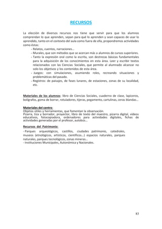 83
RECURSOS
La elección de diversos recursos nos tiene que servir para que los alumnos
comprendan lo que aprenden, sepan para qué lo aprenden y sean capaces de usar lo
aprendido, tanto en el contexto del aula como fuera de ella, propondremos actividades
como éstas:
- Relatos, cuentos, narraciones…
- Murales, que son métodos que se acercan más a alumnos de cursos superiores.
- Tanto la expresión oral como la escrita, son destrezas básicas fundamentales
para la adquisición de los conocimientos en esta área. Leer y escribir textos
relacionados con las Ciencias Sociales, que permite al alumnado alcanzar no
solo los objetivos y los contenidos de esta área.
- Juegos: con simulaciones, asumiendo roles, recreando situaciones y
problemáticas del pasado.
- Registros: de paisajes, de fases lunares, de estaciones, zonas de su localidad,
etc.
Materiales de los alumnos: libro de Ciencias Sociales, cuaderno de clase, lapiceros,
bolígrafos, goma de borrar, rotuladores, tijeras, pegamento, cartulinas, ceras blandas…
Materiales del centro:
Objetos útiles y herramientas, que fomentan la observación.
Pizarra, tiza y borrador, proyector, libro de texto del maestro, pizarra digital, vídeos
educativos, fotocopiadora, ordenadores para actividades digitales, fichas de
actividades generadas por el profesor, autobús…
Recursos del Patrimonio:
- Parques arqueológicos, castillos, ciudades patrimonio, catedrales,
museos (etnológicos, artísticos, científicos…) espacios naturales, parques
naturales, parques tecnológicos, zonas mineras…
- Instituciones Municipales, Autonómica y Nacionales.
 