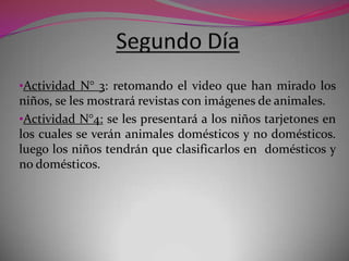 •Actividad N° 3: retomando el video que han mirado los
niños, se les mostrará revistas con imágenes de animales.
•Actividad N°4: se les presentará a los niños tarjetones en
los cuales se verán animales domésticos y no domésticos.
luego los niños tendrán que clasificarlos en domésticos y
no domésticos.
 