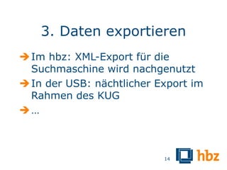 3. Daten exportieren
 Im hbz: XML-Export für die
  Suchmaschine wird nachgenutzt
 In der USB: nächtlicher Export im
  Rahmen des KUG
…



                           14
 