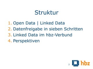 Struktur
1. Open Data | Linked Data
2. Datenfreigabe in sieben Schritten
3. Linked Data im hbz-Verbund
4. Perspektiven




                             2
 