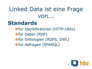 Linked Data ist eine Frage
         von...
Standards
  für   Identifikatoren (HTTP-URIs)
  für   Daten (RDF)
  für   Ontologien (RDFS, OWL)
  für   Abfragen (SPARQL)




                                8
 