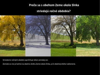 Striedanie ročných období zapríčiňuje sklon zemskej osi.
Zemská os nie je kolmá na obežnú dráhu Zeme okolo Slnka, je k obežnej dráhe naklonená.
Prečo sa s obehom Zeme okolo Slnka
striedajú ročné obdobia?
 
