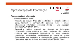 Representação da Informação 
• Representação da Informação 
• Classificada em dois níveis: 
• Primária: os produtos finais são constituídos de conceitos sobre os 
seres, formando o conhecimento, conceitos mais ou menos 
intensamente detalhados, codificados através de uma linguagem 
simbólica (ALVARENGA, 2003). 
• Secundária: prática essencial nos sistemas de informações 
documentais, esses mesmos conceitos constantes dos registros 
primários são sucintamente identificados em seus elementos 
constitutivos fundamentais, escolhendo-se os pontos de acesso 
fundamentais que garantem a representação desse conhecimento 
(documento) para fins de futura recuperação (ALVARENGA, 2003). 
 