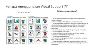 Kenapa menggunakan Visual Support ??
VISUAL SUPPORT
Slides are a static portrait.
Audience is passive and cannot interact.
9 AlasanmenggunakanVS
1. Visual sifatnya permanen, sedangkan ucapan segera hilang
setelah diucapkan .
2. Visual memberi waktu otak untuk memproses bahasa.
3. Visual menyiapkan murid untuk bertransisidari satu aktivitas ke
aktivitas berikutnya (kebanyakan anak ASD memiliki masalah
dengan transisi/perpindahan darisatu aktivitas ke aktivitas
berikutnya).
4. Visual membantu anak “melihat” apa yang anda maksudkan.
5. Visual membantu semua anak
6. Visual membantu membangun percaya dirianak (dia bisa
melakukan sendiridgn bantuan gambar).
7. Visual dapat dibawa kemana2.
8. Visual tidak menganggu karena tidak mengeluarkan suara, dan
tidak membuat frustrasi.
9. Visual membantu mengurangikecemasan (karena anak ASD
kesulitan dengan sesuatu yang bersifatabstrak, dengan visualanak
bisa paham).
 