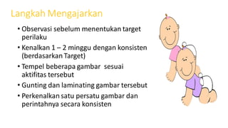Langkah Mengajarkan
• Observasi sebelum menentukan target
perilaku
• Kenalkan 1 – 2 minggu dengan konsisten
(berdasarkan Target)
• Tempel beberapa gambar sesuai
aktifitas tersebut
• Gunting dan laminating gambar tersebut
• Perkenalkan satu persatu gambar dan
perintahnya secara konsisten
 