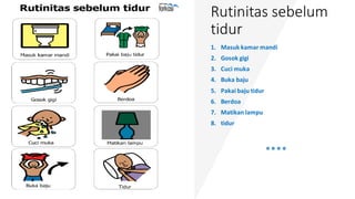 Rutinitas sebelum
tidur
1. Masuk kamar mandi
2. Gosok gigi
3. Cuci muka
4. Buka baju
5. Pakai baju tidur
6. Berdoa
7. Matikan lampu
8. tidur
 