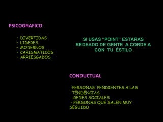 PSICOGRAFICO

  •   DIVERTIDAS         SI USAS “POINT” ESTARAS
  •   LIDERES
                       REDEADO DE GENTE A CORDE A
  •   MODERNOS
                              CON TU ÉSTILO
  •   CARISMATICOS
  •   ARRIESGADOS



                     CONDUCTUAL

                     -PERSONAS PENDIENTES A LAS
                      TENDENCIAS
                      -REDES SOCIALES
                     - PERSONAS QUE SALEN MUY
                     SEGUIDO
 
