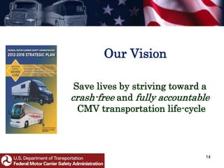 Our Vision
Save lives by striving toward a
crash-free and fully accountable
CMV transportation life-cycle
14
 