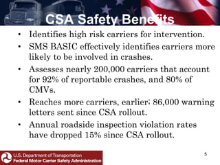CSA Safety Benefits
• Identifies high risk carriers for intervention.
• SMS BASIC effectively identifies carriers more
likely to be involved in crashes.
• Assesses nearly 200,000 carriers that account
for 92% of reportable crashes, and 80% of
CMVs.
• Reaches more carriers, earlier; 86,000 warning
letters sent since CSA rollout.
• Annual roadside inspection violation rates
have dropped 15% since CSA rollout.
5
 
