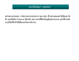 ประเด็นปญหา / อุปสรรค
หนวยงานภายนอก : นโยบายจากกระทรวงฯ และ สสจ. ดานสานสนเทศ ไมชัดเจน ไม
นิ่ง และไมเปน Protocal เดียวกัน เชน ระบบที่ตองรันอยูในหลายระบบ และใชงานไม
นานก็เลิกใช ทําใหเสียเวลาในการทํางาน
 