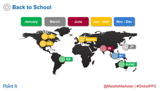@MaddieMarketer | #GlobalPPC
January
CA
March
US
Europe
AU/NZ
MY
IN
JP
June July - Sept Nov - Dec
BR
Back to School
 