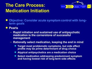 The Care Process:  Medication Initiation Objective: Consider acute symptom control with long- term goals Pearls Rapid initiation and sustained use of antipsychotic medication is the cornerstone of successful management Rationally select medication, keeping the end in mind Target most problematic symptoms, but side effect profile may be prime determinant of drug choice Atypical antipsychotics are a medication choice Select medication addressing predominant symptom and having lowest risk of long-term side effects 