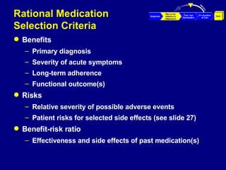 Rational Medication  Selection Criteria Benefits Primary diagnosis Severity of acute symptoms Long-term adherence Functional outcome(s) Risks Relative severity of possible adverse events Patient risks for selected side effects (see slide 27) Benefit-risk ratio Effectiveness and side effects of past medication(s) 