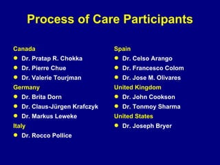 Process of Care Participants Canada Dr. Pratap R. Chokka Dr. Pierre Chue Dr. Valerie Tourjman Germany Dr. Brita Dorn Dr. Claus-J ürgen Krafczyk Dr. Markus Leweke Italy Dr. Rocco Pollice Spain Dr.  Celso Arango Dr.  Francesco Colom Dr. Jose M. Olivares United Kingdom Dr.  John Cookson Dr.  Tonmoy Sharma United States Dr. Joseph Bryer 