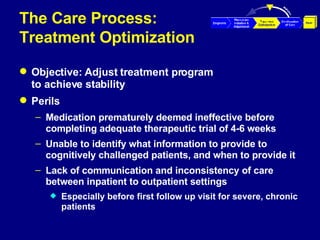 The Care Process: Treatment Optimization Objective: Adjust treatment program  to achieve stability Perils Medication prematurely deemed ineffective before completing adequate therapeutic trial of 4-6 weeks Unable to identify what information to provide to cognitively challenged patients, and when to provide it Lack of communication and inconsistency of care between inpatient to outpatient settings Especially before first follow up visit for severe, chronic patients 