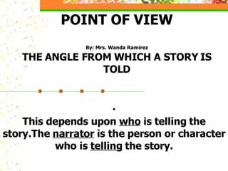 POINT OF VIEW By: Mrs. Wanda Ramírez THE ANGLE FROM WHICH A STORY IS TOLD . This depends upon  who  is telling the story.The  narrator  is the person or character who is  telling  the story. 