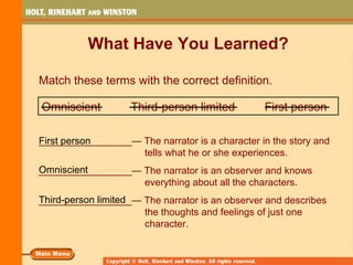 Match these terms with the correct definition.
_________________— The narrator is a character in the story and
tells what he or she experiences.
_________________— The narrator is an observer and knows
everything about all the characters.
_________________— The narrator is an observer and describes
the thoughts and feelings of just one
character.
Omniscient Third-person limited First person
What Have You Learned?
Third-person limited
First person
Omniscient
 