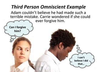 Third Person Omniscient Example
Adam couldn’t believe he had made such a
terrible mistake. Carrie wondered if she could
               ever forgive him.
Can I forgive
   him?




                                       I can’t
                                    believe I did
                                       that…
 