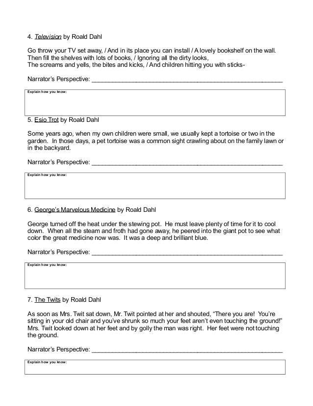 point of view worksheet 5 1 identifying narrative perspective in the works of roald dahl