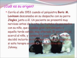 ¿ Cuál es su origen ? Corría el año 1953 cuando el psiquiatra  Boris M. Levinson  descansaba en su despacho con su perro  Jingles  junto a él. Un paciente se presentó muy nervioso antes de la cita. Se trataba de una madre con su niño, que acusaba gran retraimiento y aquella tarde estaba muy alterado. El perro del se acercó al niño, y comenzó a jugar con él. Levinson decidió incluirlo en el tratamiento para comprobar si esta terapia ayudaba a la rehabilitación de Johnny. 