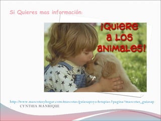 Si Quieres mas información : http://www.mascotasyhogar.com/mascotas/guiasapoyo/terapias/?pagina=mascotas_guiasapoyo_terapias_001_001 .  CYNTHIA MANRIQUE 