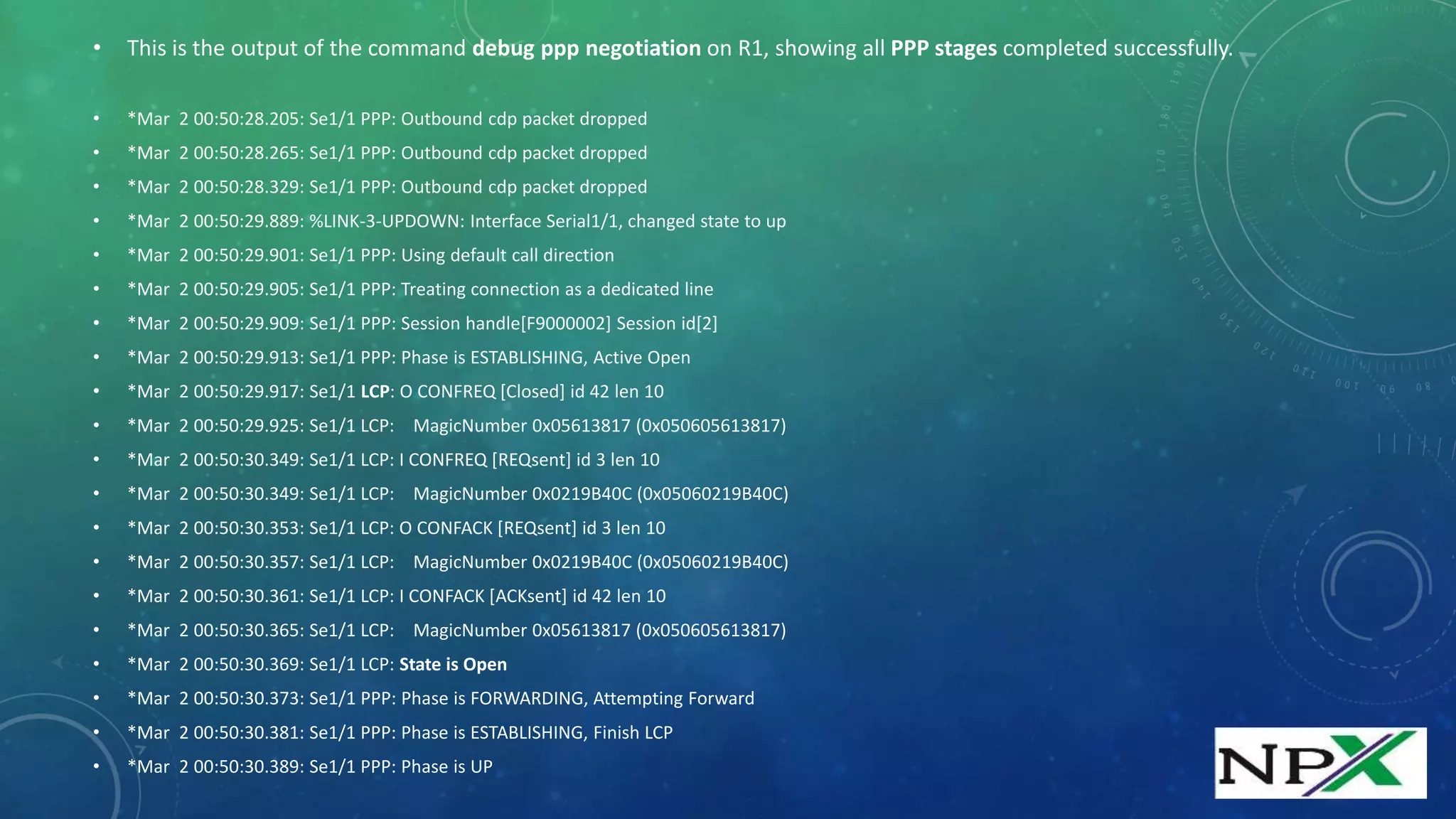 • This is the output of the command debug ppp negotiation on R1, showing all PPP stages completed successfully.
• *Mar 2 00:50:28.205: Se1/1 PPP: Outbound cdp packet dropped
• *Mar 2 00:50:28.265: Se1/1 PPP: Outbound cdp packet dropped
• *Mar 2 00:50:28.329: Se1/1 PPP: Outbound cdp packet dropped
• *Mar 2 00:50:29.889: %LINK-3-UPDOWN: Interface Serial1/1, changed state to up
• *Mar 2 00:50:29.901: Se1/1 PPP: Using default call direction
• *Mar 2 00:50:29.905: Se1/1 PPP: Treating connection as a dedicated line
• *Mar 2 00:50:29.909: Se1/1 PPP: Session handle[F9000002] Session id[2]
• *Mar 2 00:50:29.913: Se1/1 PPP: Phase is ESTABLISHING, Active Open
• *Mar 2 00:50:29.917: Se1/1 LCP: O CONFREQ [Closed] id 42 len 10
• *Mar 2 00:50:29.925: Se1/1 LCP: MagicNumber 0x05613817 (0x050605613817)
• *Mar 2 00:50:30.349: Se1/1 LCP: I CONFREQ [REQsent] id 3 len 10
• *Mar 2 00:50:30.349: Se1/1 LCP: MagicNumber 0x0219B40C (0x05060219B40C)
• *Mar 2 00:50:30.353: Se1/1 LCP: O CONFACK [REQsent] id 3 len 10
• *Mar 2 00:50:30.357: Se1/1 LCP: MagicNumber 0x0219B40C (0x05060219B40C)
• *Mar 2 00:50:30.361: Se1/1 LCP: I CONFACK [ACKsent] id 42 len 10
• *Mar 2 00:50:30.365: Se1/1 LCP: MagicNumber 0x05613817 (0x050605613817)
• *Mar 2 00:50:30.369: Se1/1 LCP: State is Open
• *Mar 2 00:50:30.373: Se1/1 PPP: Phase is FORWARDING, Attempting Forward
• *Mar 2 00:50:30.381: Se1/1 PPP: Phase is ESTABLISHING, Finish LCP
• *Mar 2 00:50:30.389: Se1/1 PPP: Phase is UP
 