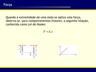 Força Quando à extremidade de uma mola se aplica uma força, observa-se, para comportamentos lineares, a seguinte relação, conhecida como Lei de Hooke: 