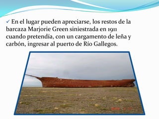  En ellugar pueden apreciarse, los restos de la
barcaza Marjorie Green siniestrada en 1911
cuando pretendía, con un cargamento de leña y
carbón, ingresar al puerto de Río Gallegos.
 