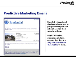 Predictive Marketing Emails Branded, relevant and timely emails are sent to prospective buyers and sellers based on their website activity. Point2 Predictive marketing platform ensures that they are  only sent information that matters  to them. 