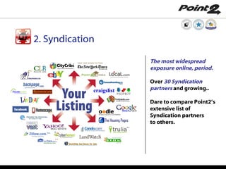 The most widespread exposure online, period. Over  30 Syndication partners  and growing.. Dare to compare Point2’s extensive list of Syndication partners  to others. 2. Syndication 