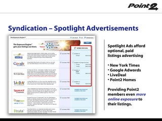 Syndication – Spotlight Advertisements Spotlight Ads afford optional, paid listings advertising  New York Times Google Adwords LiveDeal Point2 Homes Providing Point2 members even  more online exposure  to their listings. 