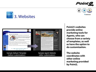 Point2’s websites provide online marketing tools for Agents, who can choose from a variety of templates, as well as have the option to do customization. The website coordinates with other online marketing provided by Point2. 3. Websites enhanced 