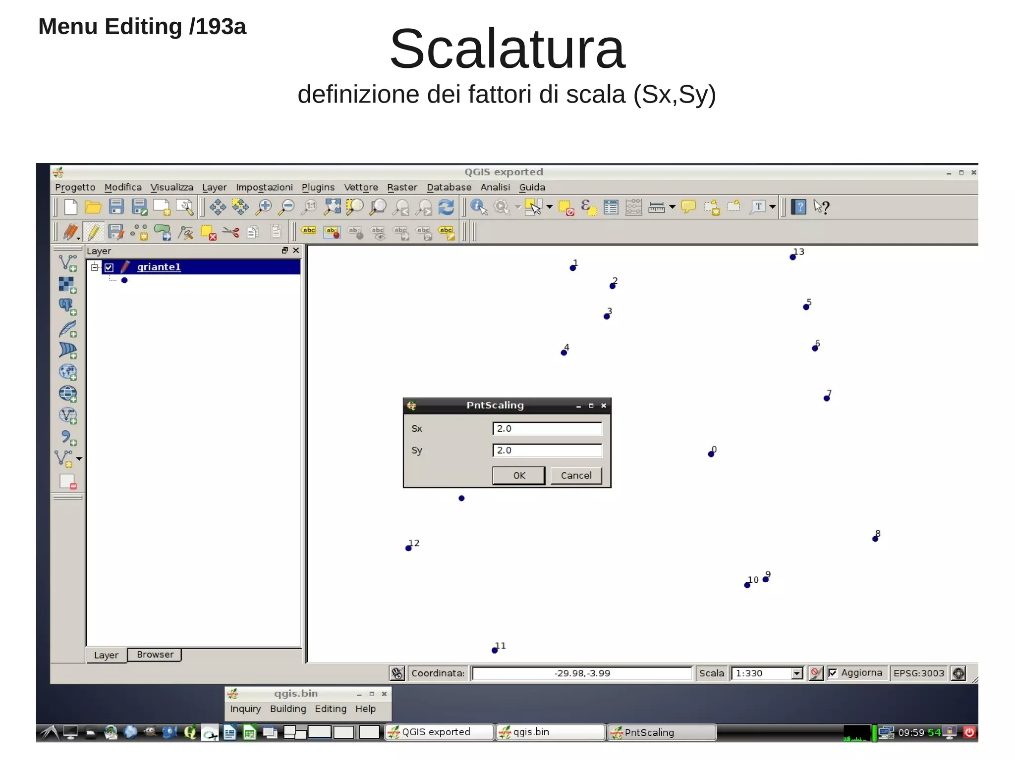 Scalatura
definizione dei fattori di scala (Sx,Sy)
Menu Editing /193a
 
