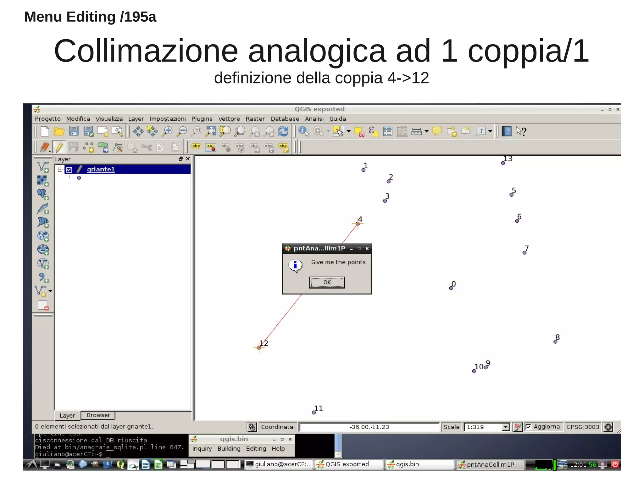 Collimazione analogica ad 1 coppia/1
definizione della coppia 4->12
Menu Editing /195a
 