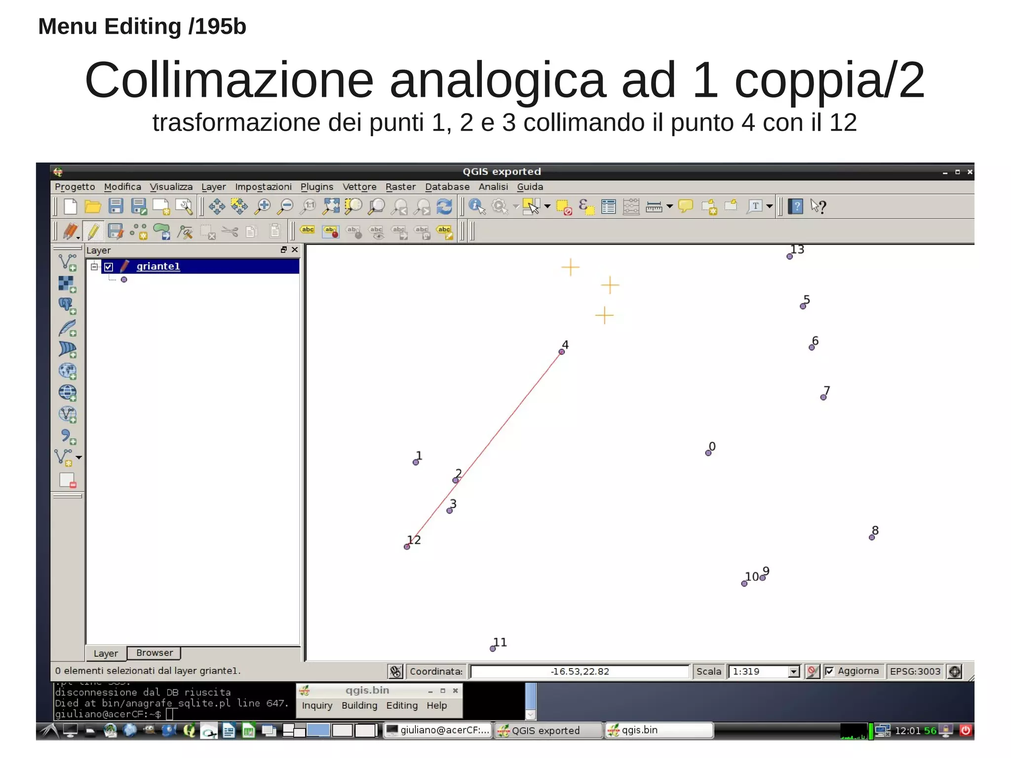 Collimazione analogica ad 1 coppia/2
trasformazione dei punti 1, 2 e 3 collimando il punto 4 con il 12
Menu Editing /195b
 