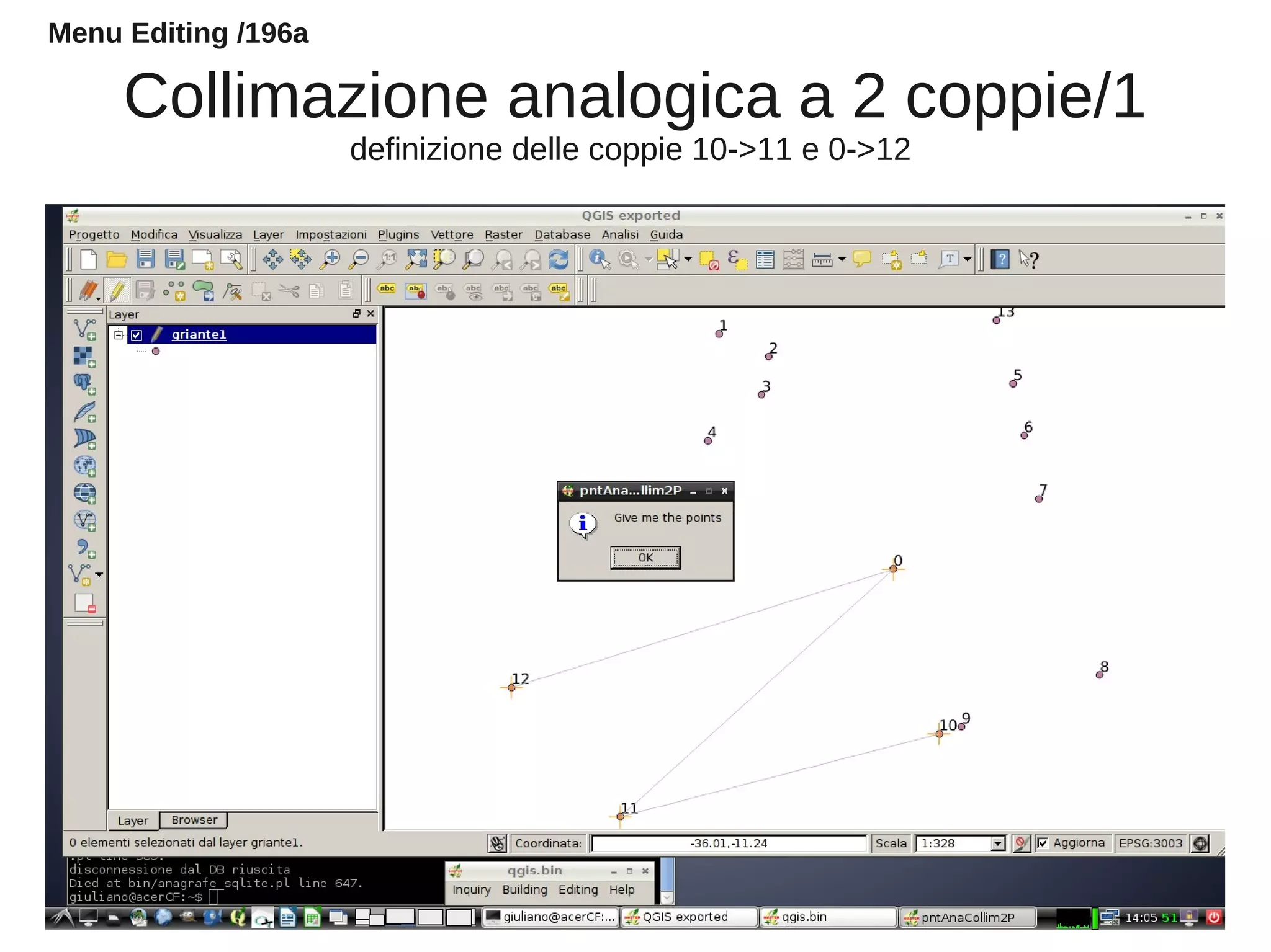 Collimazione analogica a 2 coppie/1
definizione delle coppie 10->11 e 0->12
Menu Editing /196a
 