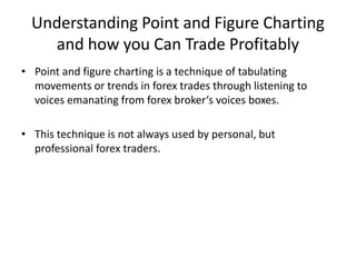 Understanding Point and Figure Charting
    and how you Can Trade Profitably
• Point and figure charting is a technique of tabulating
  movements or trends in forex trades through listening to
  voices emanating from forex broker‘s voices boxes.

• This technique is not always used by personal, but
  professional forex traders.
 